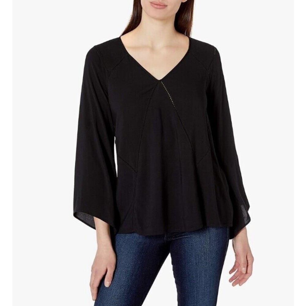 Bell Sleeve V-Neck Top with Stitch Detail
